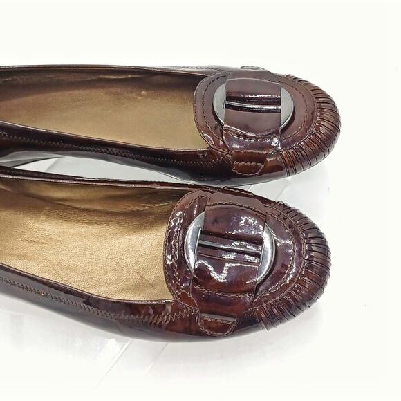 Stuart Weitzman Burgundy Patent Ballet Flats | Silver Buckle | Fall Office Chic - Picture 9 of 14
